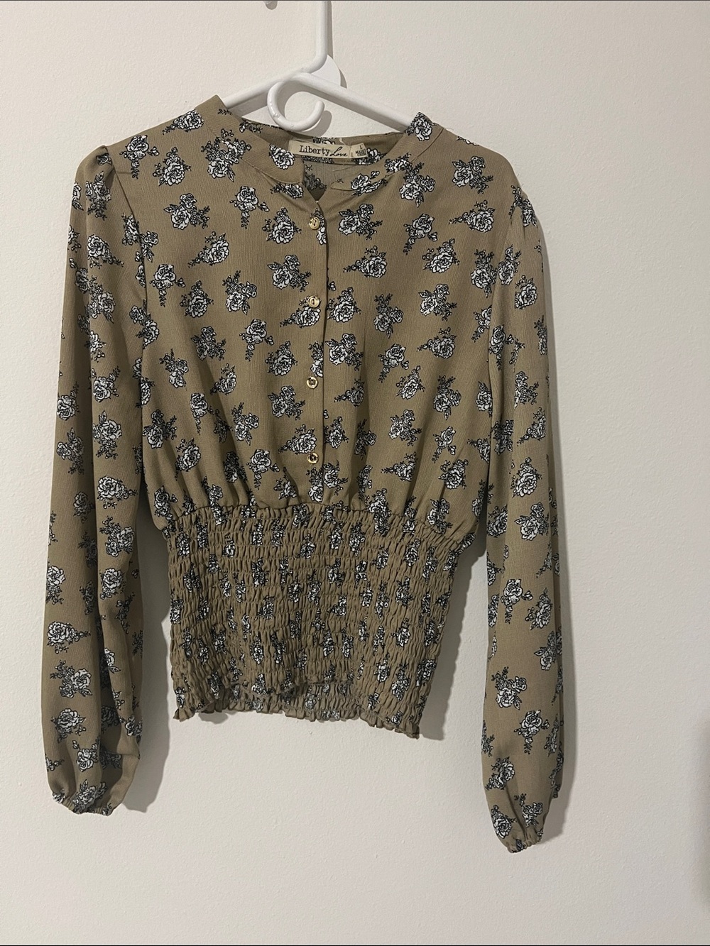 Liberty Love Olive and Black Floral Smocked-Waist Long Sleeve Top